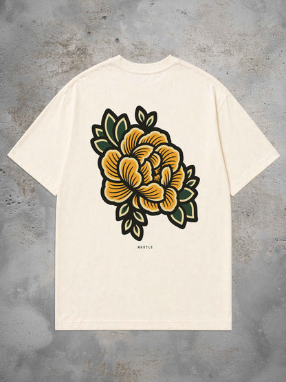 Weißses Oversized Tattoo T-Shirt mit großem Begonia Rückenprint im Traditional Tattoo Stil
