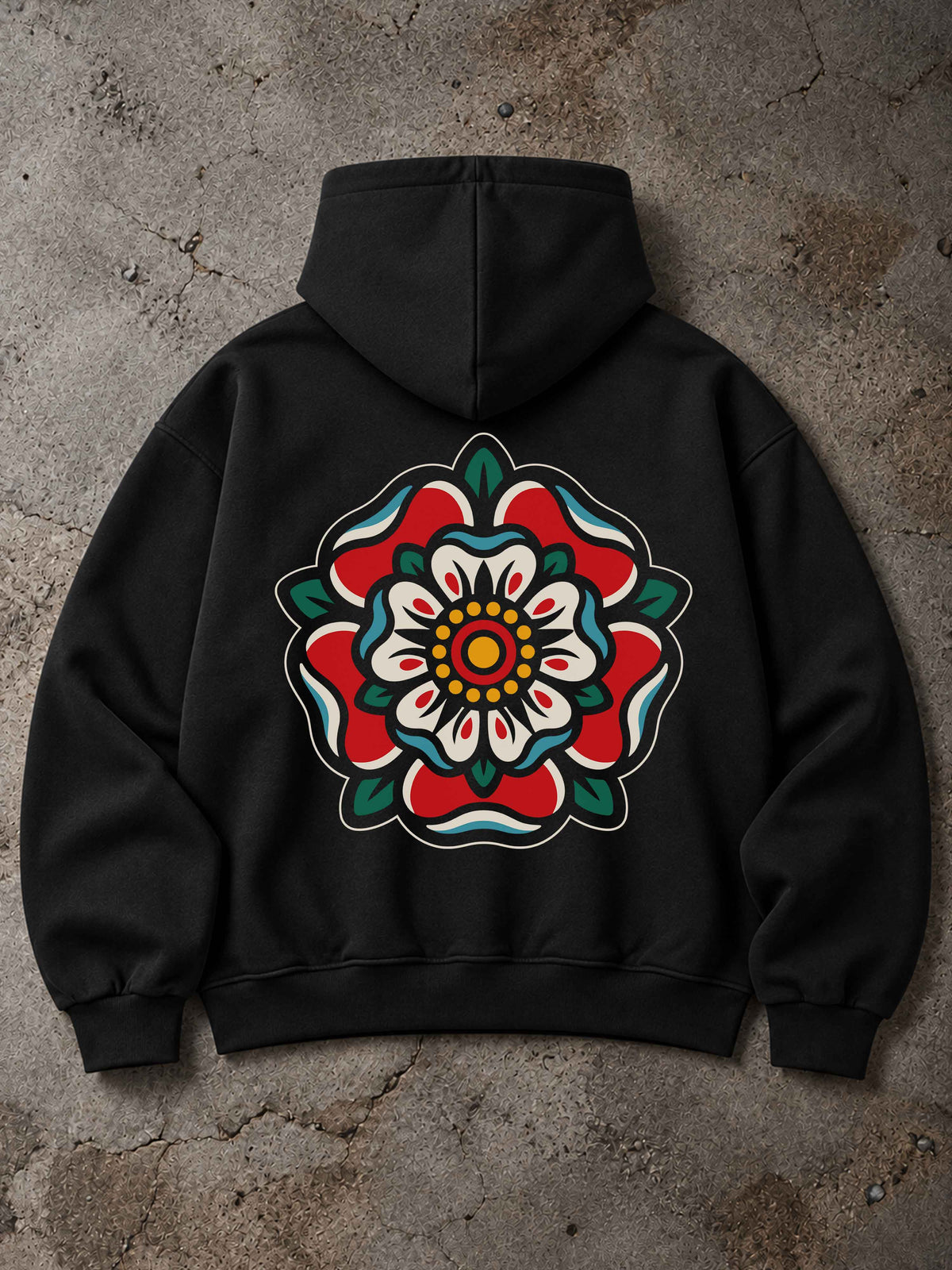 Schwarzer MORTLE Oversized Zip Hoodie mit großem Heraldic Rose Rückenprint im Traditional Tattoo Stil