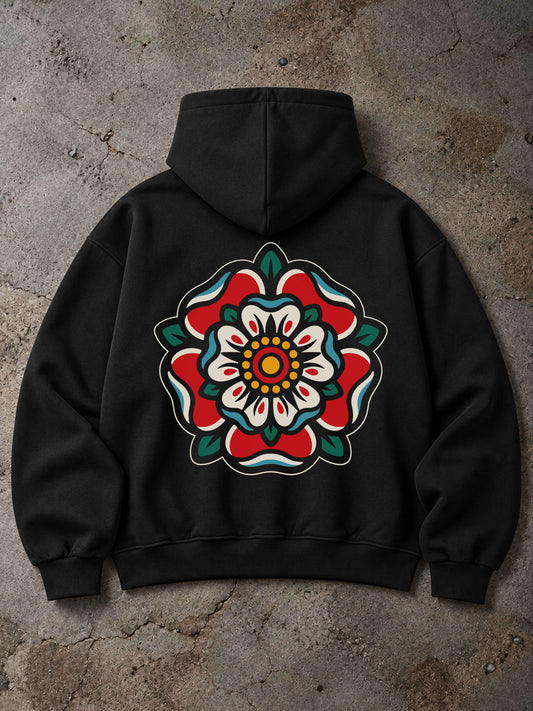 Schwarzer MORTLE Oversized Zip Hoodie mit großem Heraldic Rose Rückenprint im Traditional Tattoo Stil