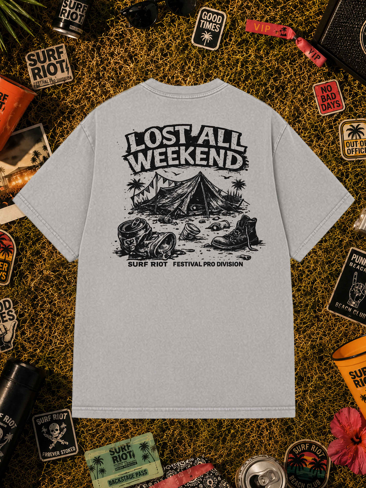 Surf Riot Festival Shirt mit Backprint in Washed Grey