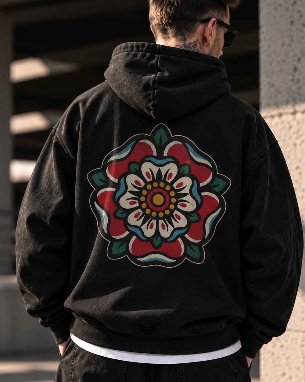 Heraldic Rose – Oversized Tattoo Zip Hoodie - black