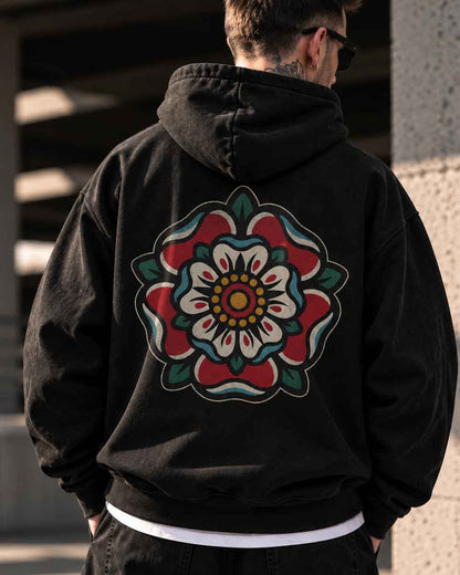 Heraldic Rose – Oversized Tattoo Zip Hoodie - black